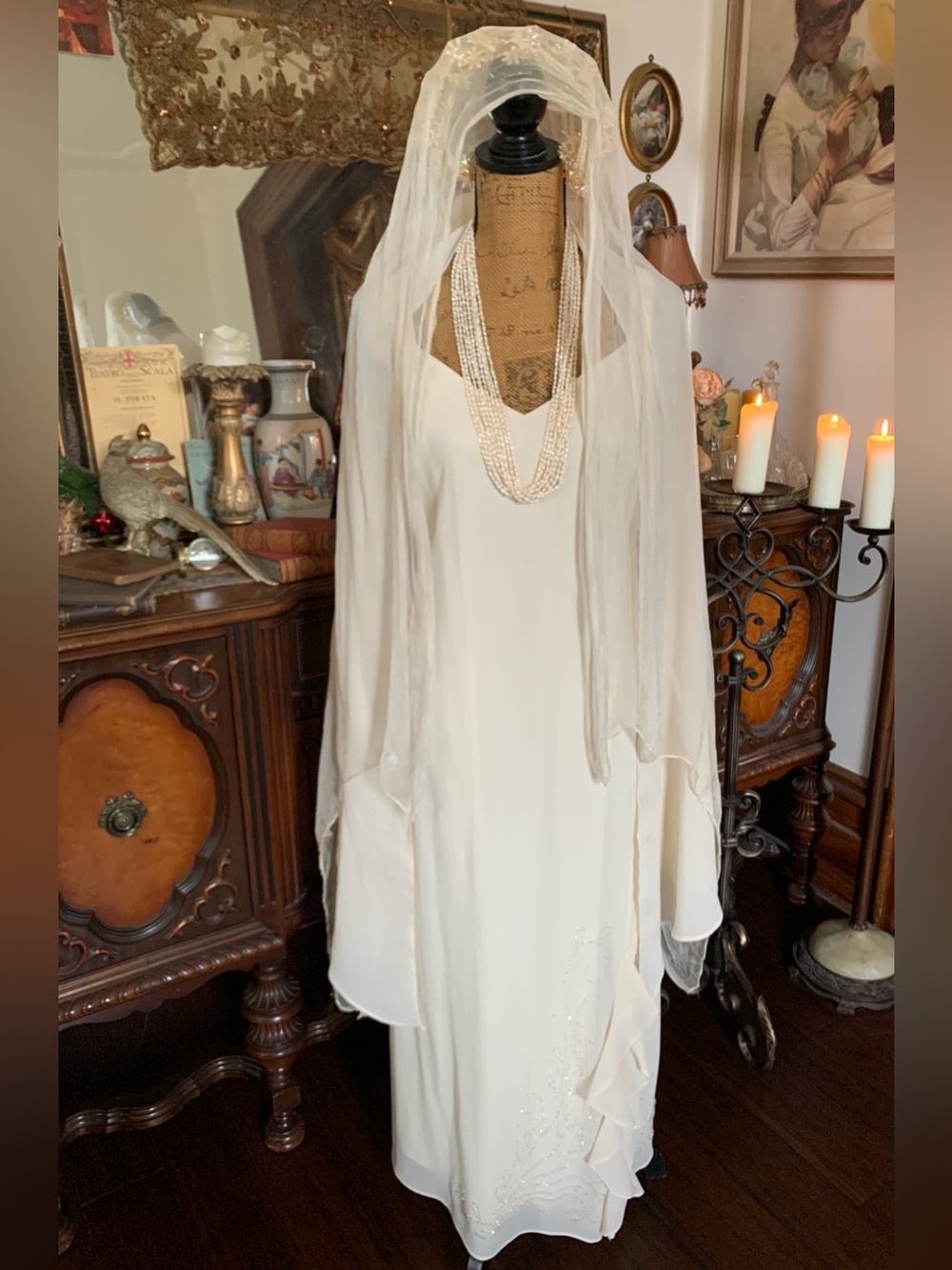 Vintage 20's-inspired Ren-inspo Bridal Wedding Gown/Shawl/Flower Tiara/Veil Set
